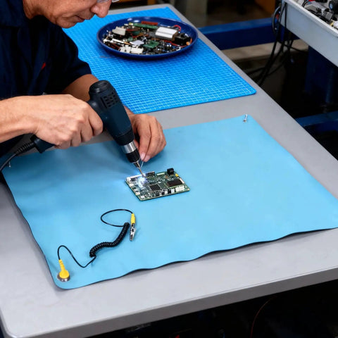 Person using heat gun on electronic component over ESD Safe Anti Static Mat For Electronics Repair With Grounding Wire, Flexible Rubber Workstation Mat, 26.4 By 20.1 Inches.