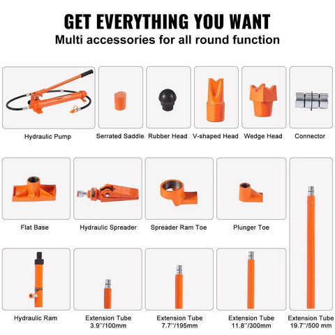 Components of 12 Ton Porta Power Kit With Hydraulic Ram And Pump 4.6 Ft Oil Hose Portable, including pump and accessories.