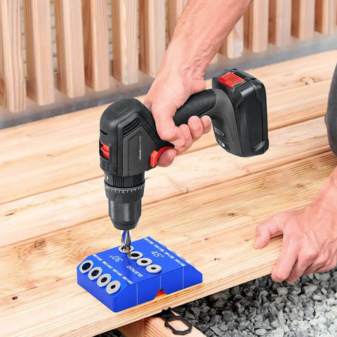 Pro Grade Angled Drill Guide Jig Kit for Wood Posts and Cable Railing with Four Durable Bits, all-metal drill jig for precise angles.