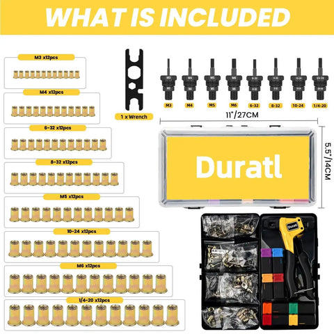 Rivet Nut Tool Kit For Tight Spaces 8 Inch Right Angle Hand Rivnut Tool with 96 Rivnuts, 8 Mandrels, Durable Carrying Case