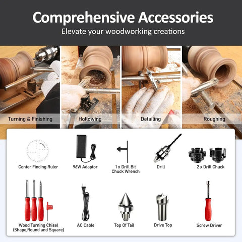 Compact Mini Wood Lathe setup showing tools like drill, chisel and adaptor used for turning and shaping wood, ideal for DIY projects.