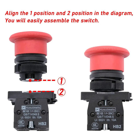 Red 22mm Mushroom Emergency Stop Push Button Switch 2NC Latching, shown with diagram for assembly, 660V AC 10A 2 Pack Panel Mount