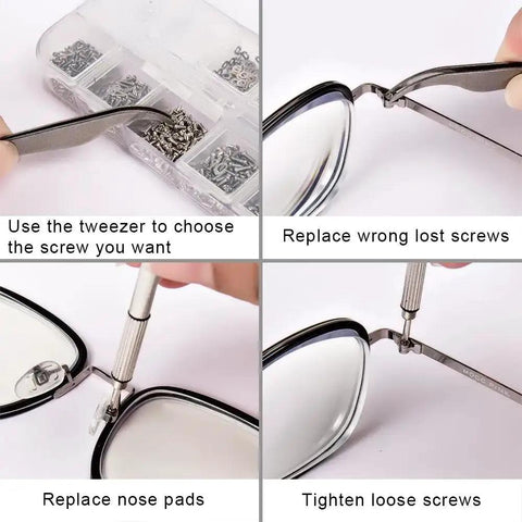 Steps using All In One Eyeglasses Repair Kit With 1100 Tiny Screws, 5 Pairs Nose Pads, Micro Screwdriver And Tweezers for quick fixes