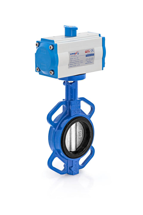 UNOX pneumatic butterfly valve, wafer DN125 (5"), AISI-304 disc, GGG-40.3 body, EPDM seat for water/air.