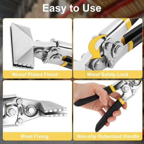 3 Inch Hand Seamer Sheet Metal Tool With Offset Handles, nickel finish, safety lock, rivet fixing, rubberized handle close-ups