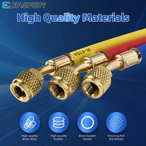 Manifold refrigerant hose set with three brass 1/4 in flare fittings on color-coded blue, yellow, and red hoses.