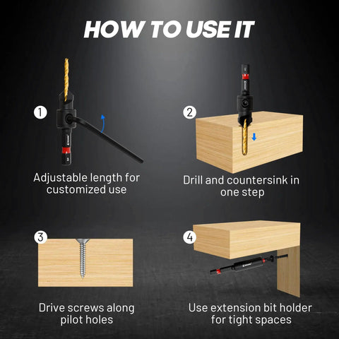 Guide for using Smooth Countersink Drill Bit Set For Woodworking With Magnetic Extension Holder, 12 Piece, Sizes 4 6 8 10 12.