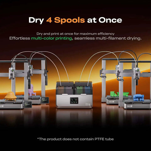 Space Pi X4 Filament Dryer Box For 4 Spools with 3D printers showcasing multi-filament drying setup