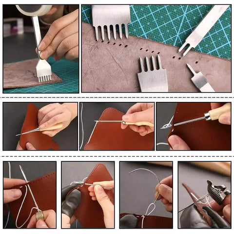 All In One Leather Craft Tools Set For Carving Stamping Sewing Punching And Cutting With A Custom Storage Bag 72 Piece Professional Leather Working Kit For Crafting Repair And DIY Projects TLKKUE shown with various tools in use on leather