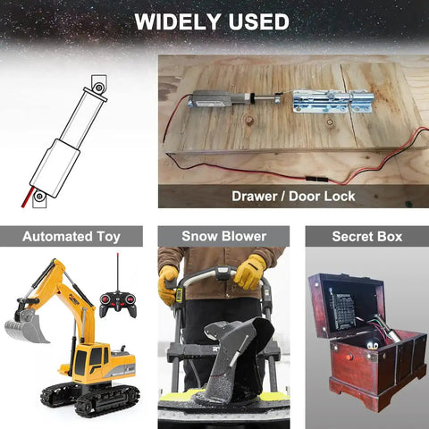 12V Mini Electric Linear Actuator 3 Inch Stroke Beefy 188N 42lb Thrust 0.2 Inch Per Second Speed IP65 Waterproof Metal Actuator used in various projects like automated toys, snow blowers, and secret boxes.