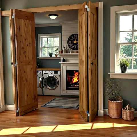 Double 38 By 84 Inches Unfinished Alder Wood Bifold Barn Doors With Low Clearance Box Rail Sliding Hardware Set installed