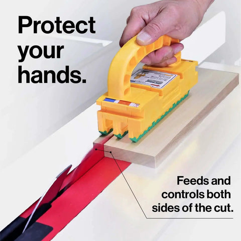 GRR Ripper 2GO Push Block For Routers Jointer Band Saw And Table Saw With Green Grip Non Slip Surface in use on a table saw