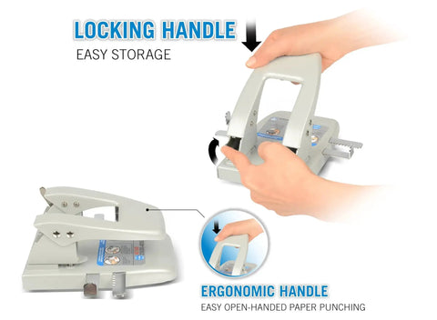 Heavy Duty Office Two Hole Paper Punch, 40 Sheet Capacity, One Quarter Inch Hole Punch, ergonomic handle being used