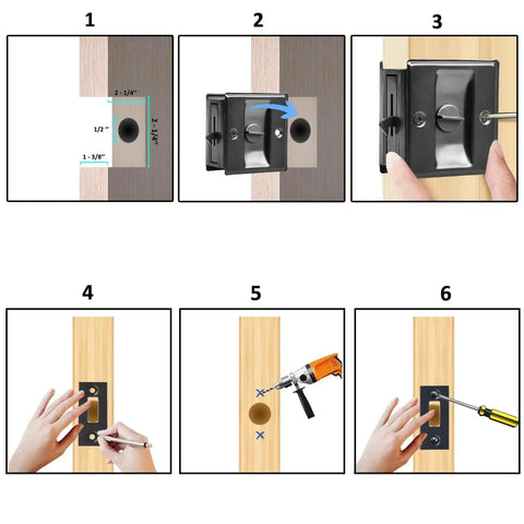Installation steps for Pocket Sliding Door Lock With Privacy Pull Reversible Design for sliding and bifold doors.