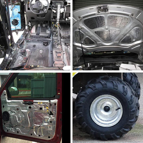 LLPT aluminum foil tape collage; vehicle interior, engine hood, door panel, and wheel with silver foil panels