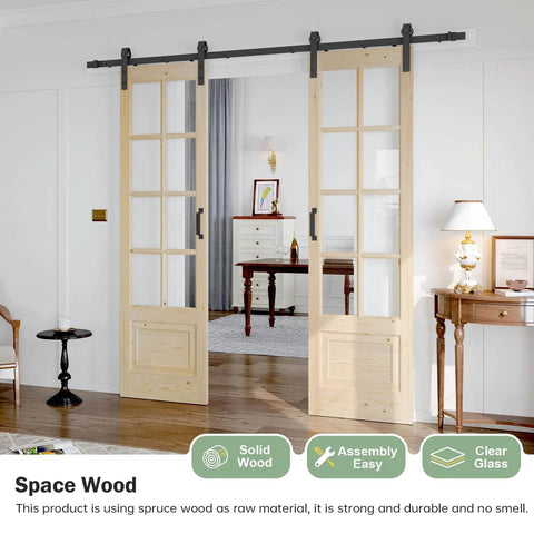 Double 24x84 Inch Clear Glass French Interior Doors With 8Ft Barn Door Hardware Kit Included, Preassembled, in living room.