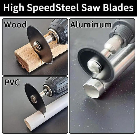 Rotary Tool Cutting Wheel Set With Diamond And Resin Cut Off Discs 3 Blade Types cutting wood, aluminum, and PVC.