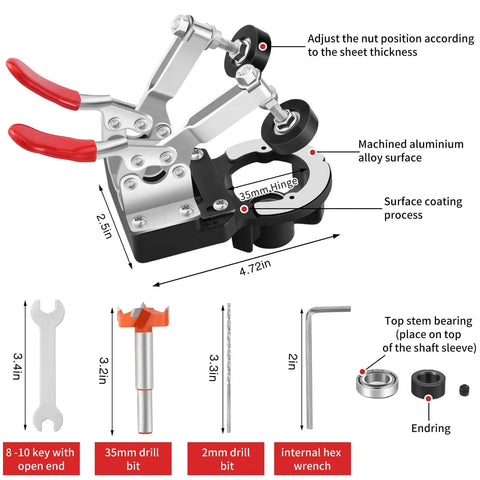 35mm Concealed Hinge Jig For Cabinets, Heavy Duty Aluminum Drill Guide with clamps, 35mm drill bit, and tools displayed