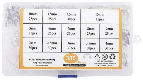 380 Pcs 304 Stainless Steel E Clip Circlip External Retaining Ring Assortment Kit With 14 Sizes Perfect For Bearings Pulleys"}]}