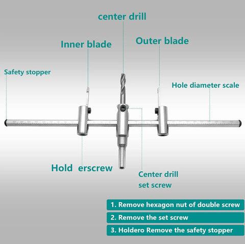 Adjustable Hole Saw Circle Cutter For Drywall Wood And Plaster, 1 3/16 To 11 3/4 Inches with labeled parts and instructions