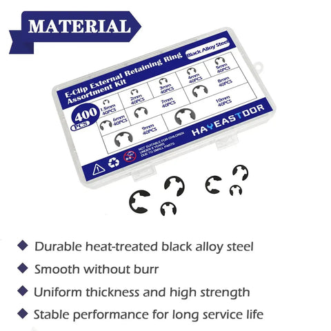 10 Size E Clips Assortment Kit With 400 Pieces External Retaining Rings Circlips 1.5mm To 10mm Black Alloy Steel In Heavy Duty Plastic Box