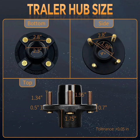 Diagram showing dimensions of 2 Sets 4 Lug Trailer Hub Kit For 2000 Lb Capacity Fits 1 Inch And One Sixteenth Inch Spindles