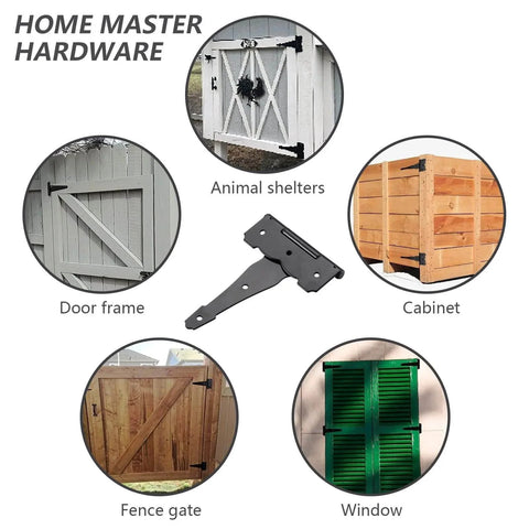 Illustration of 8 Inch Heavy Duty Decorative T Strap Hinge Rustproof Iron Black with various installation examples for sheds and gates.