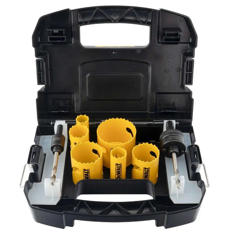 Bi Metal Hole Saw Kit For Wood Metal And Plastic With Up To 50 Percent Longer Life And Fast Plug Ejection By Dewalt in case