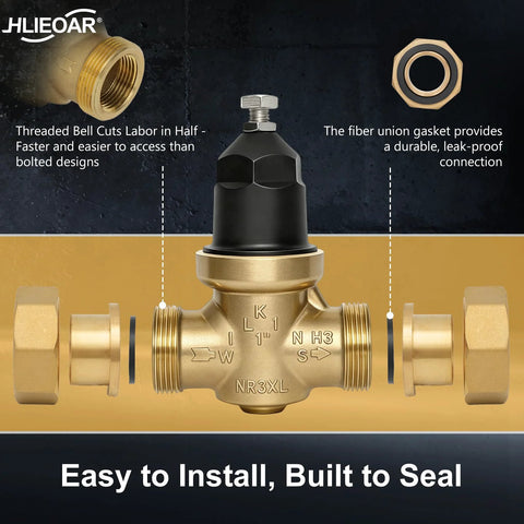 1-inch NR3XLDU brass water pressure reducing valve with double union FNPT fittings for home and commercial use