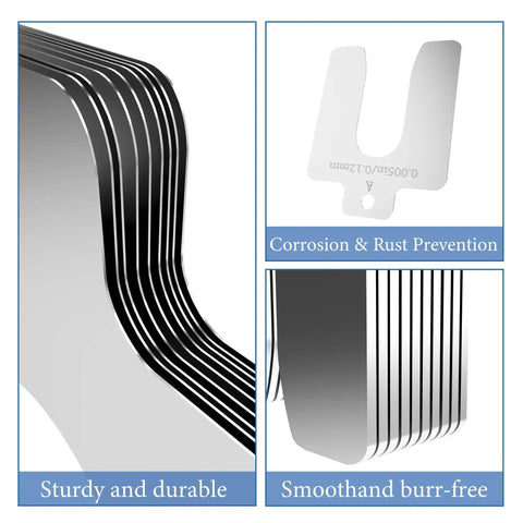 70 Pcs Stainless Steel Slotted Shim Kit For Leveling And Calibration In Machinist Shops Includes 2 Inch By 2 Inch Shim Stock Size A And Multiple Thicknesses For Precise Easy Adjustments And Tooling shown with smooth edges and slot detail.