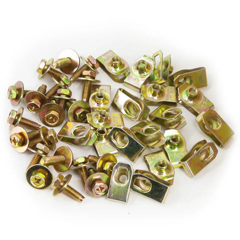 Heavy Duty 20x M6 1.0 Car Body Bolts With 10mm Hex Head And 17mm Washer Plus 20x U Nuts Clips Under Tray Splash Shield Fasteners Yellow Zinc Finish