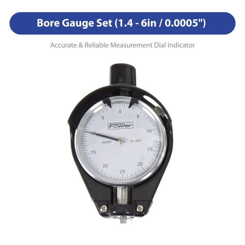 Extender Dial Bore Gage Kit With 1.4 To 6 Inch Measuring Range For Precise Hole Diameter Readings And Geometry Checks, Dial Indicator With 0.0005 Inch Graduations And 9.5 Inch Measuring Depth, Fowler.