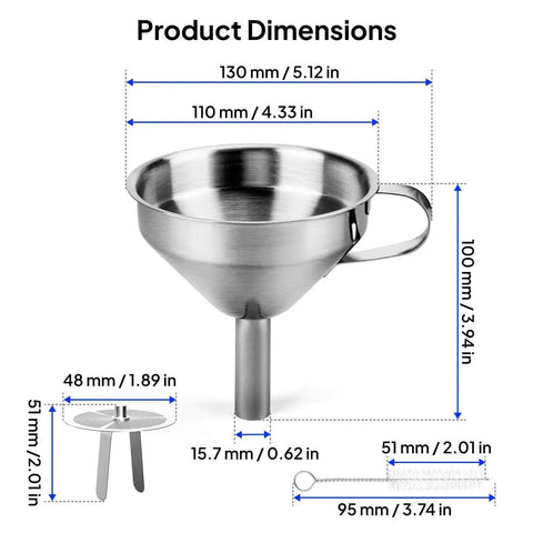 Stainless Steel Resin Funnel With Filter Cup for MSLA DLP LCD 3D Printers shown with dimensions for aiding resin recycling.
