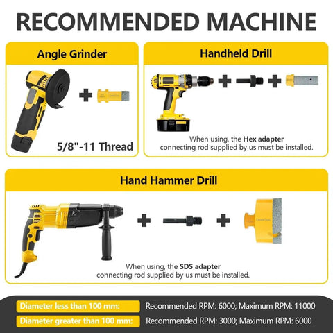 Recommended machines for Pro Grade 15 Piece Diamond Tile Hole Saw Kit with 5/8-11 Thread, including angle grinder and drills.