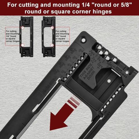Heavy Duty Hinge Jig Kit For Doors With Eight Size Options From Two Point Five To Six Inches And Five Thicknesses Includes Router Mortise For Precise Install Easy Setup For DIY And Pro Use At Home Or In The Shop, showing adjustable components for round or square corner hinges.