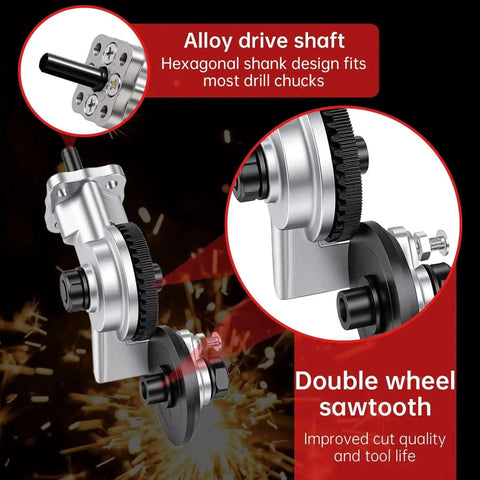 Close-up of powerful and effortless heavy duty drill metal cutter attachment with alloy drive shaft and double wheel sawtooth.