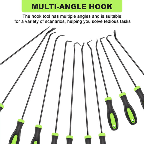 12 Piece Automotive Hook And Pick Tool Set With Long And Mini Precision Puller Remover Tools For Auto O Ring Seal And Gasket Removal In Tight Engine Bays Pro Mechanic Car Repair Essentials Doaho Tools on display with multiple hook angles.