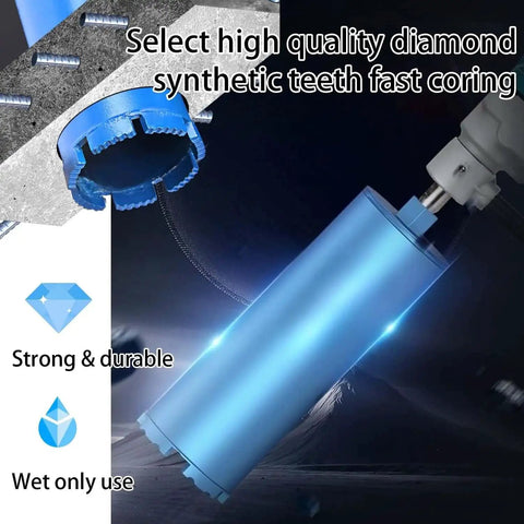 Heavy Duty Two And A Half Inch Diamond Core Drill Bit With One And A Quarter Inch Seven Thread For Reinforced Concrete Masonry Brick And Stone Fifteen Point Seven Four Inch Drilling Depth And Ten Millimeter Diamond Segment Built For Pros shown in action.