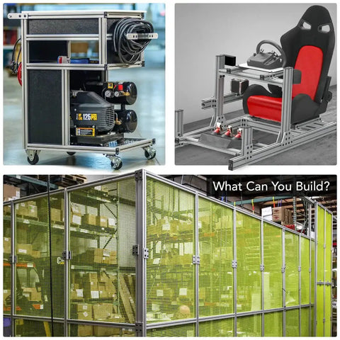 Three projects using 1.5 Inch By 1.5 Inch T Slot Aluminum Extrusion 15 Series including a cart, racing simulator, and enclosure.