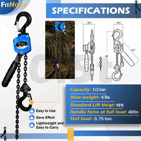 Half Ton Chain Hoist Come Along With Ten Foot Lift G80 Chain With Two Hooks and specifications displayed