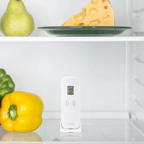 Dual Sensor Wireless Fridge Freezer Thermometer With Magnetic Back Temperature Display Fahrenheit Or Celsius Hi Low Alerts And History Log Versatile Mounting For Magnetic Back Wall Or Desk La Crosse Technology 30804747INT For Home Kitchen Use in fridge with vegetables and cheese