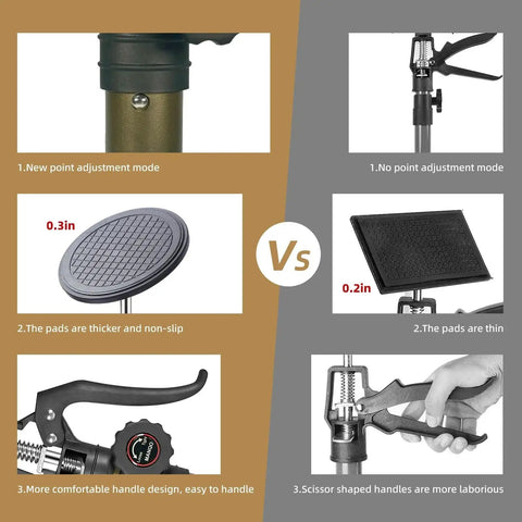 Comparison of two cabinet jacks showing point adjustment modes, pad thickness, and handle design for Cabinet Jacks 3rd Hand Pole Extends 12.6 to 23.6 In Supports 156 Lbs 2 Pack.