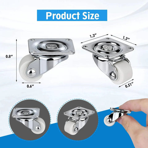 Eight Pack Mini Caster Wheels 0.6 Inch Low Profile Swivel Casters Non Marring Nylon Drawer Rollers Self Adhesive Plate Or Screw Mount Small Caster Wheels For Furniture Kitchen Appliances DIY Projects with size dimensions and close-up installation view.