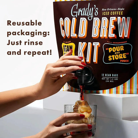 New Orleans Style Cold Brew Kit With Chicory Pouches And 100 Percent Arabica Ground Coffee shown pouring into a glass