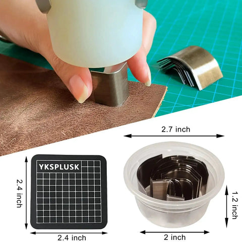 Person using Ten Piece Leather Corner Punch Set With High Carbon Steel Edge Cutters on leather with included mat for DIY crafts