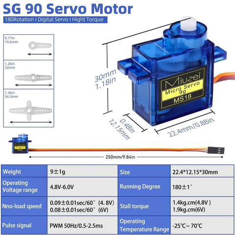 9G Micro Servo Motor SG90 Metal Gear For Arduino and DIY projects, blue housing, detailed specs, compact design for RC cars and robots