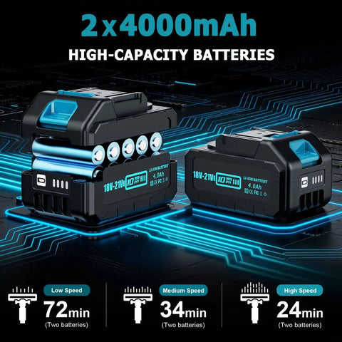 Two 4000mAh batteries for Powerful 700W Brushless Cordless Vacuum Cleaner With 60KPa Suction, maximizing runtime and performance.