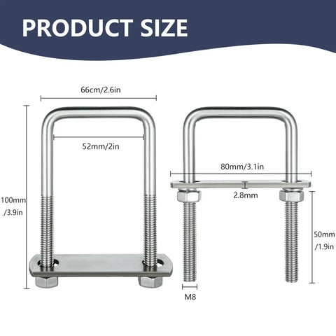 Diagram of 4 Pack M8 Square U Bolts 2 Inch Wide 304 Stainless Steel With Nuts Plate And Washers Heavy Duty Square U Bolts Hardware Set 50mm Shank By 100mm Overall Ideal For Pipes Decks Trailers And Vehicles with size measurements.