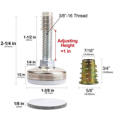 Beefy Heavy Duty Furniture Levelers Adjustable Leveling Feet with 3/8-16 thread and dimensions for tables, chairs, cabinets, sofas.