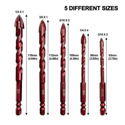 Masonry Drill Bits Set 10 Piece Pro Grade High Cobalt Concrete Drill Bits For Tile Glass Metal Brick Concrete Ceramic Plastic Wood 3 16th Inch To 1 Half Inch Built Tough With Precision Ground Spear Tip By FEWELL displayed in various sizes